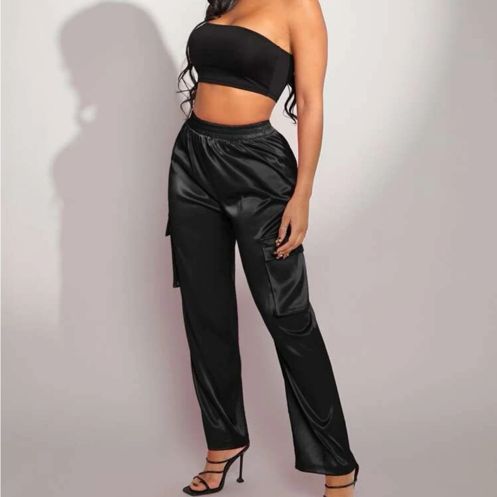 Black Flap Pocket Side satin Cargo Pants - Picture 2 of 6